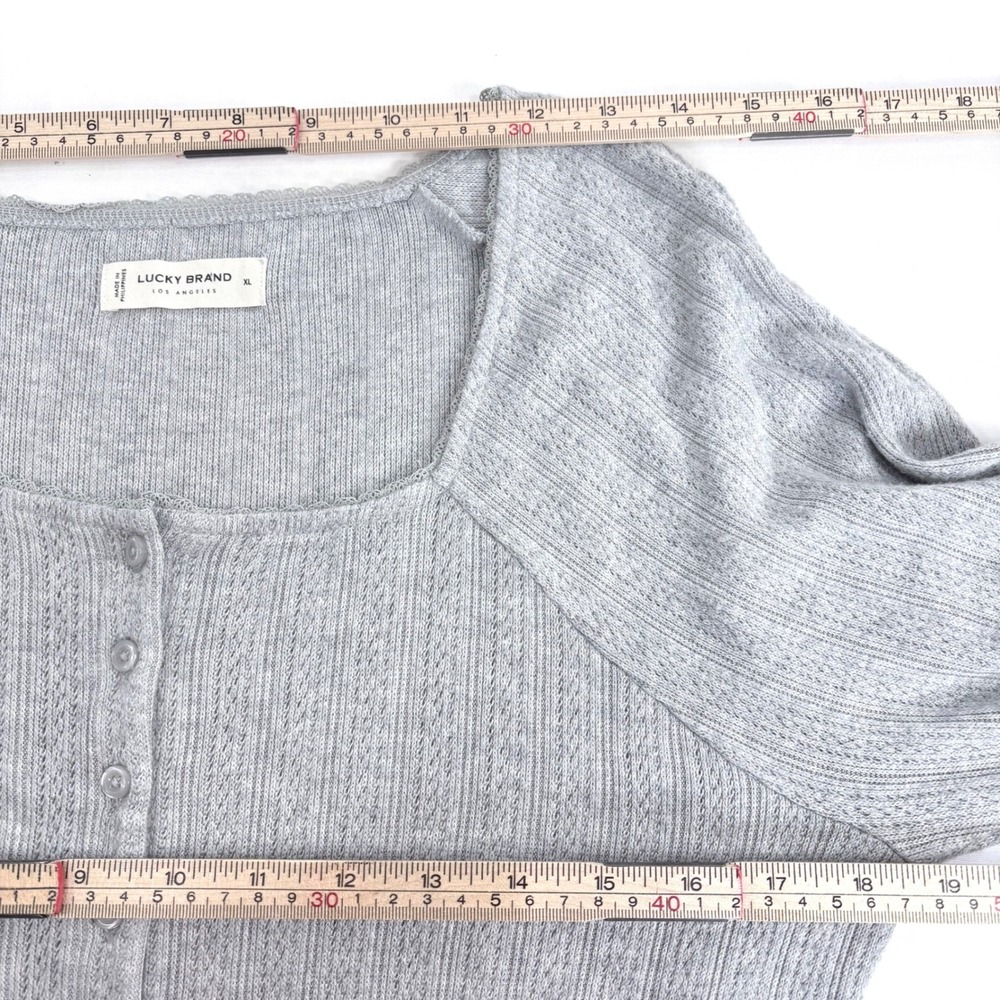 Lucky Brand Gray Ribbed Square Neck Button Front Long Sleeve Cropped Sweater XL - Picture 4 of 8